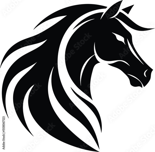 Bold black horse head displays stylized mane flowing down over a simple white backdrop