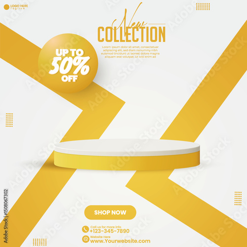 Minimal Skincare Product Ad with 50% Off Offer. Beauty Brand Sale Banner design with an empty podium. Beauty cosmetics product sales advertisement, social media poster design template. 