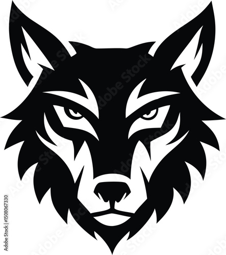 Fierce stylized wolf gazes intently forward in a bold black and white emblem