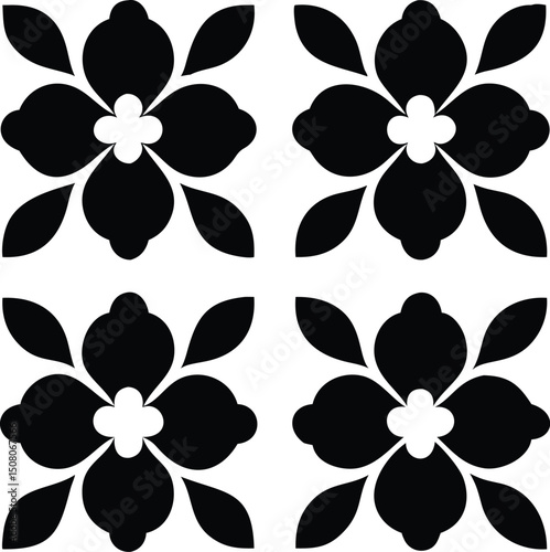 Four floral patterns form a striking square arrangement with bold black silhouettes over white