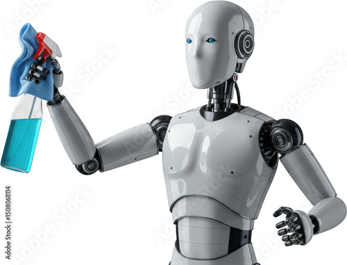 Futuristic Robot Cleaning with Spray Bottle and Cloth AI Powered Housekeeping Technology photo