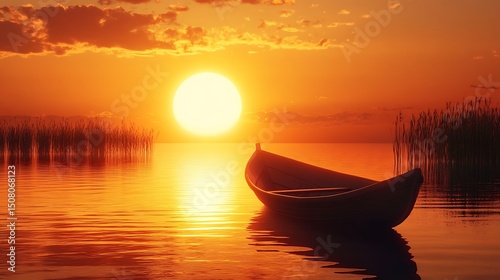 A serene sunset over a tranquil lake with a small boat.