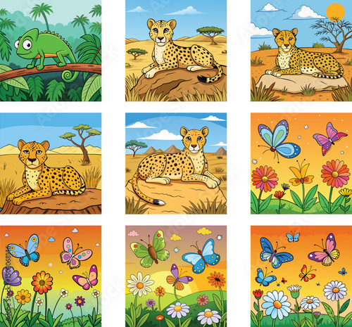 Cartoon Animal Set Collection With Cheetah Chameleon And Butterflies Graphics