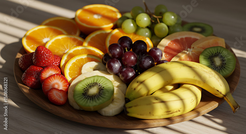 Colorful Fresh Fruit Platter Oranges Bananas Strawberries Kiwi Grapes