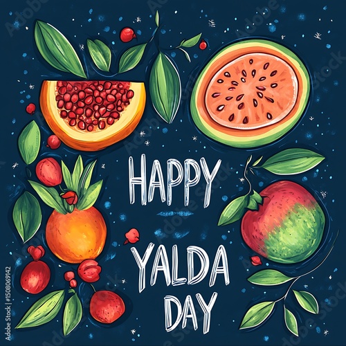 Vibrant fruit design celebrating happy Yalda Day.