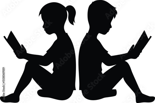 Silhouette of two young children, a girl and boy, reading books back to back