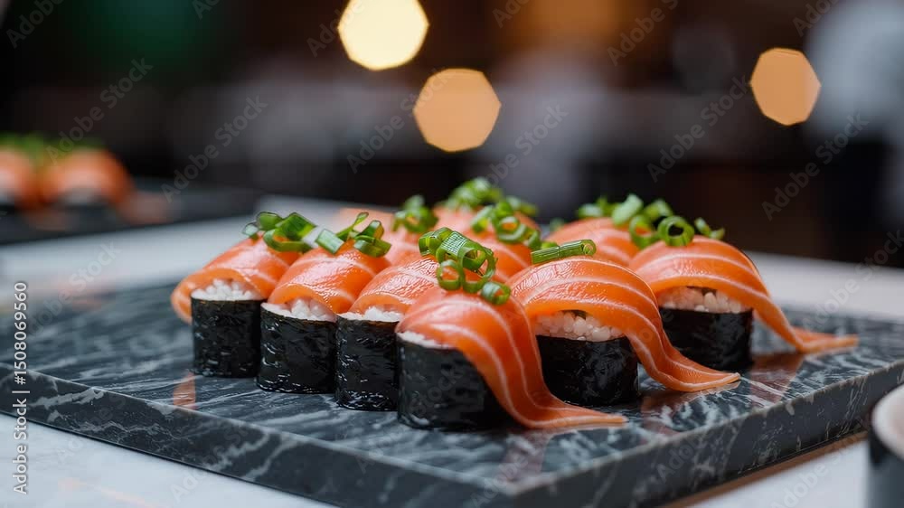 Elegant sushi arrangement on a marble platter with bokeh lights background culinary presentation