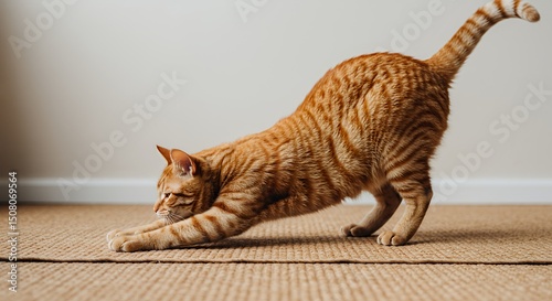 Athletic Ginger Tabby Cat Stretching in a Yoga Pose on Woven Mat with Striped Tail Arched High and Head Lowered Front Paws Extended Creates Serene Scene