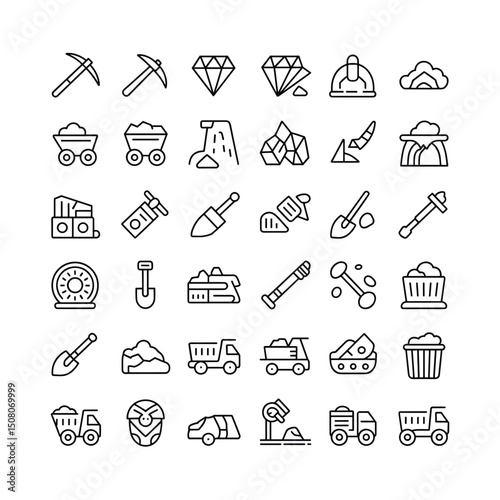 Mining and Excavation Line Icons Set – Tools, Trucks, Diamonds, Helmets, and Heavy Equipment Symbols