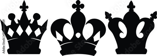 Three distinct black crowns display elegant silhouettes on a plain white isolated backdrop