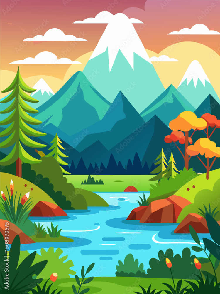 Majestic Mountain River Landscape. A Serene Nature Illustration