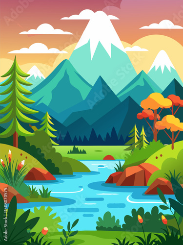 Majestic Mountain River Landscape. A Serene Nature Illustration