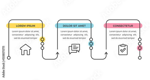 Minimal flat linear infographic template with three connected steps for process visualization, vector eps10 illustration
