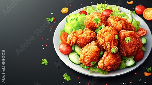 Crispy fried chicken with fresh vegetables on a plate.