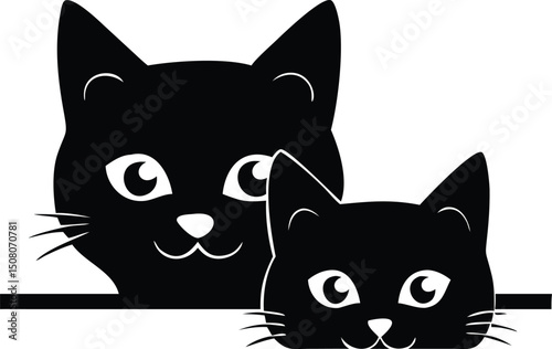 Two adorable black cats are peering curiously over a shelf edge together