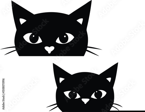Two black cat faces peek curiously with pointed ears and inquisitive eyes on white