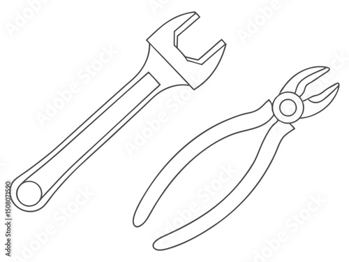 Outline Illustration of Adjustable Wrench and Pliers on White Background