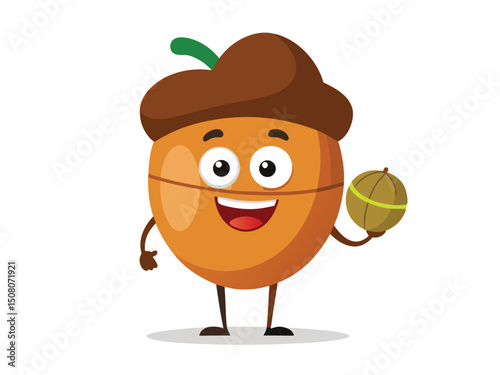 Happy Acorn Cartoon Character Holding Smaller Acorn Isolated on White Background