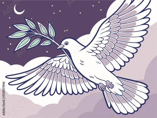 Dove of Peace Flying with Olive Branch at Night Illustration