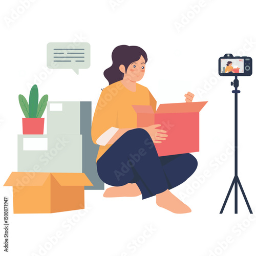 Content Marketing Illustration. Vector illustration of A young woman sitting on the floor recording an unboxing video with a camera on a tripod for content creation. Isolated on background