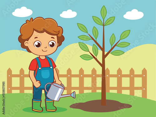 Cartoon boy watering a young tree in a garden illustration