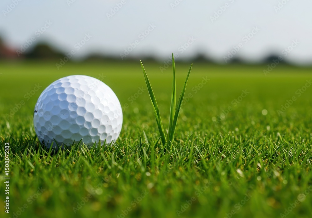 Obraz premium Golf ball resting on green grass of a golf course in summer