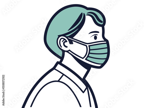 Man wearing a medical face mask in a simple line drawing style