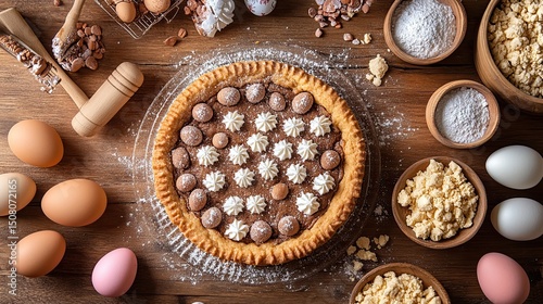 Overhead shot of a chocolate pie with eggs and baking ingredients on a wooden surface for baking prep