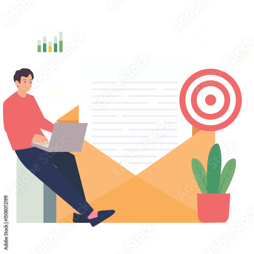 Content Marketing Illustration. Vector illustration of A man sitting beside a large email icon, typing on a laptop as part of an email marketing strategy. Isolated on background