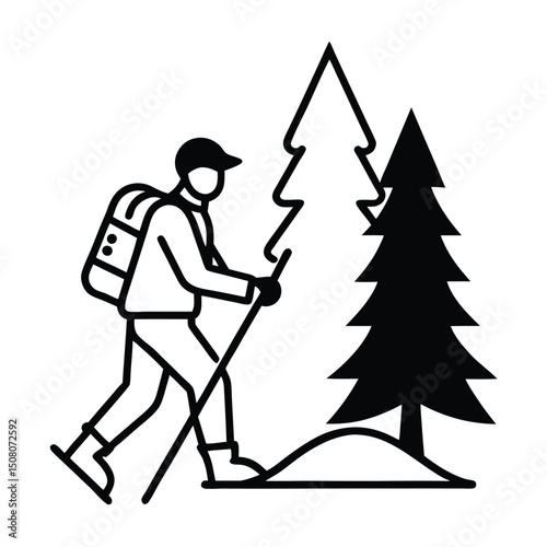 Minimalist Hiking Illustration Person with Backpack and Trekking Poles in Nature