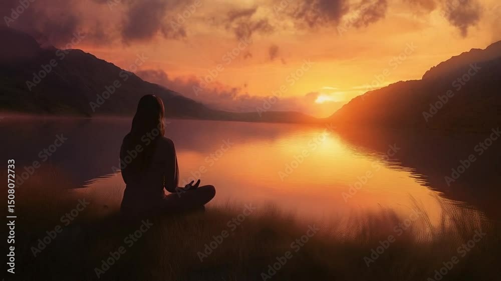 A lone figure sits in a meditative pose beside a tranquil lake, silhouetted against the warm hues of a setting sun A lone figure sits in a meditative pose beside a tranquil lake, silhouetted against the warm hues of a setting sun