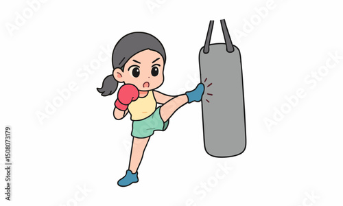 cute girl exercise Muay Thai training with kneeling boxing sandbag cartoon illustration