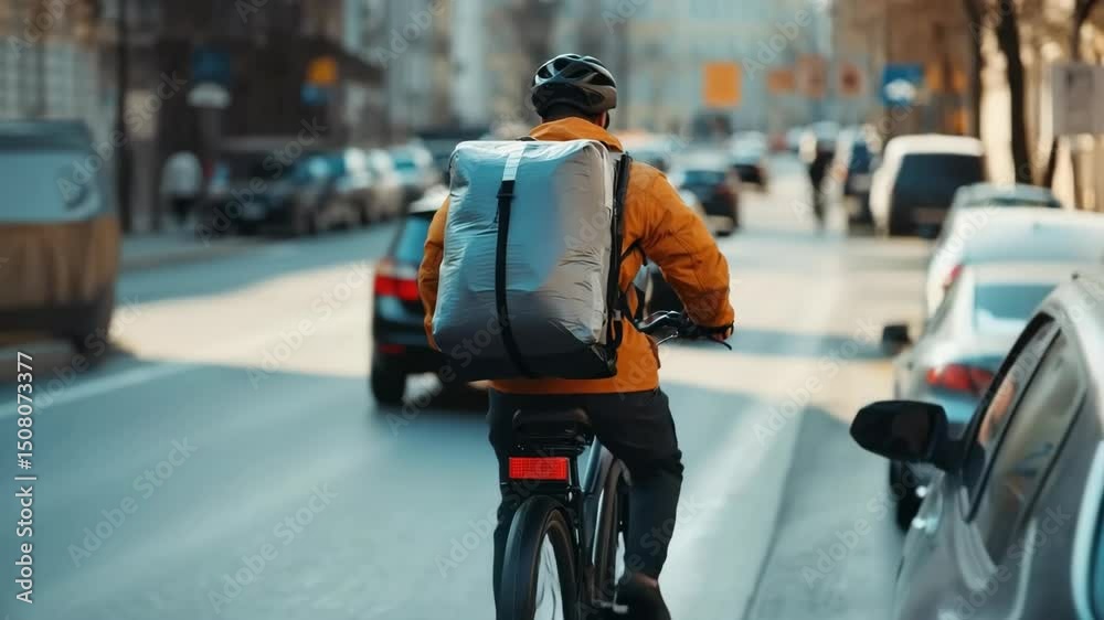 Deliveryman riding bicycle on city street