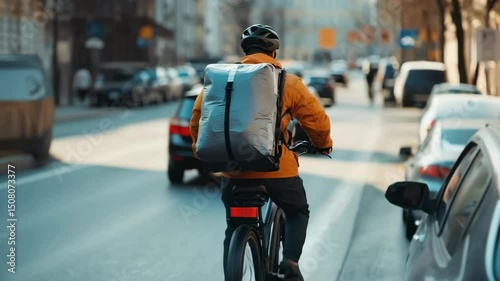 Deliveryman riding bicycle on city street