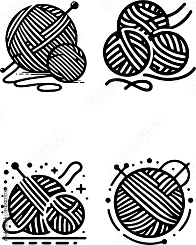 vector icons of yarn balls with crossed knitting needles in minimalist style