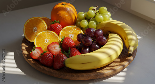 Sunlit Wooden Bowl of Fresh Fruit Oranges Bananas Strawberries Grapes Healthy Eating