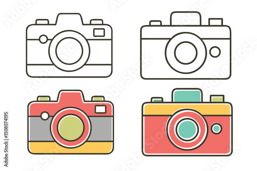 Collection of Simple Camera Icons Line Art and Colorful Designs for Photography Projects, Websites, and Apps