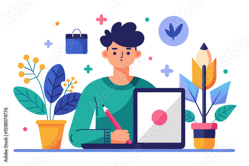 Vector illustration of a freelance illustrator drawing on a tablet surrounded by colorful art tools