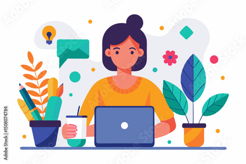 Vector illustration of a freelance illustrator drawing on a tablet surrounded by colorful art tools
