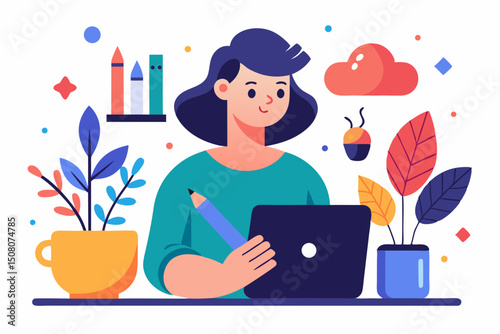 Vector illustration of a freelance illustrator drawing on a tablet surrounded by colorful art tools