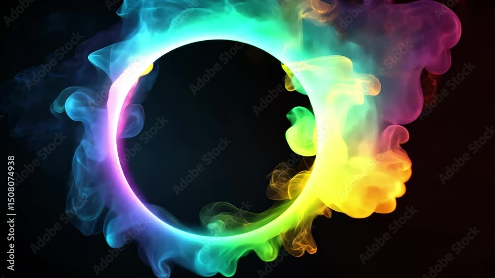 Colorful flame circle glowing against a dark background creates an enchanting visual effect, Colorful fire flame in circle shape on dark black background, video seamless ing
