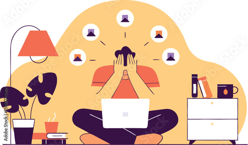 A stressed person working on a laptop surrounded by workload illustrations
