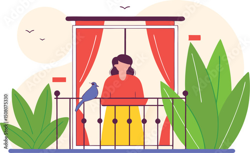 A woman enjoys the view on the balcony with a bird decorative illustration