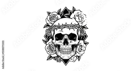 Illustration of a skull with roses and a crown of thorns in black and white tattoo style art