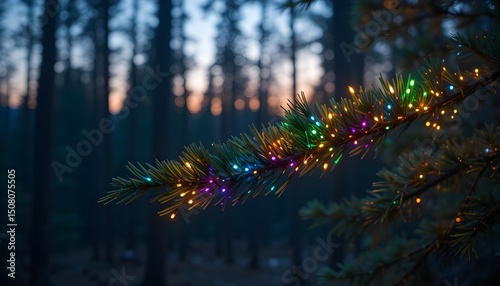Glowing Festival clourfull Lights on Pine Branch in Forest at Dusk