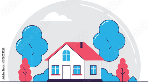 Adorable illustration of a house surrounded by lush trees and a simple cloudy sky