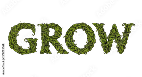 Grow text formed by green leaves and vines against a white background in an artistic representation