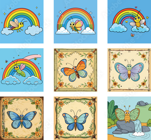 Cartoon Butterflies And Rainbows Vector Set Collection For Kids Design
