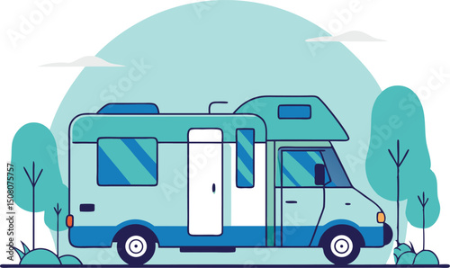 Colorful flat illustration of a camping rv ready for road trip adventures in the nature