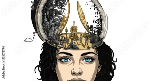 Woman with open head revealing a fantastical landscape and cityscapes inside her mind space art